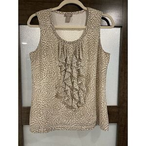 Chico's Sz 0/S Ruffle Top Sleeveless Tan White Floral Medallion Design Coastal‎